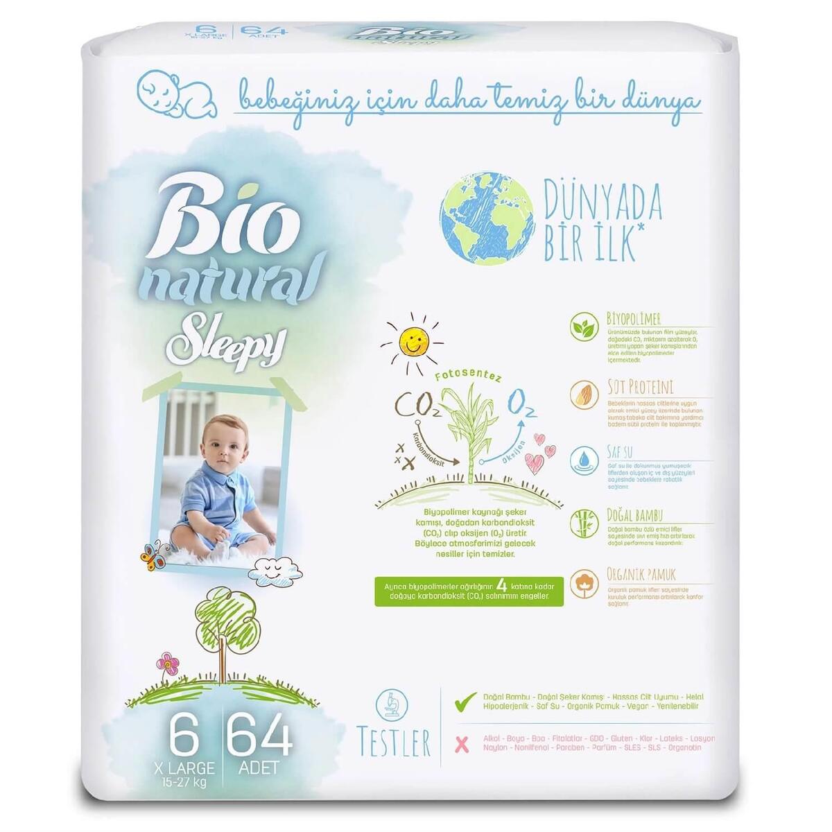Sleepy Bebek Bezi Bio Natural 6 Beden Maxi 15-25 Kg 64lü
