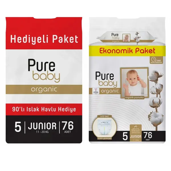 Pure Baby Organik Bebek Bezi 5 Beden Junior 76lı Islak Mendil Hediyeli