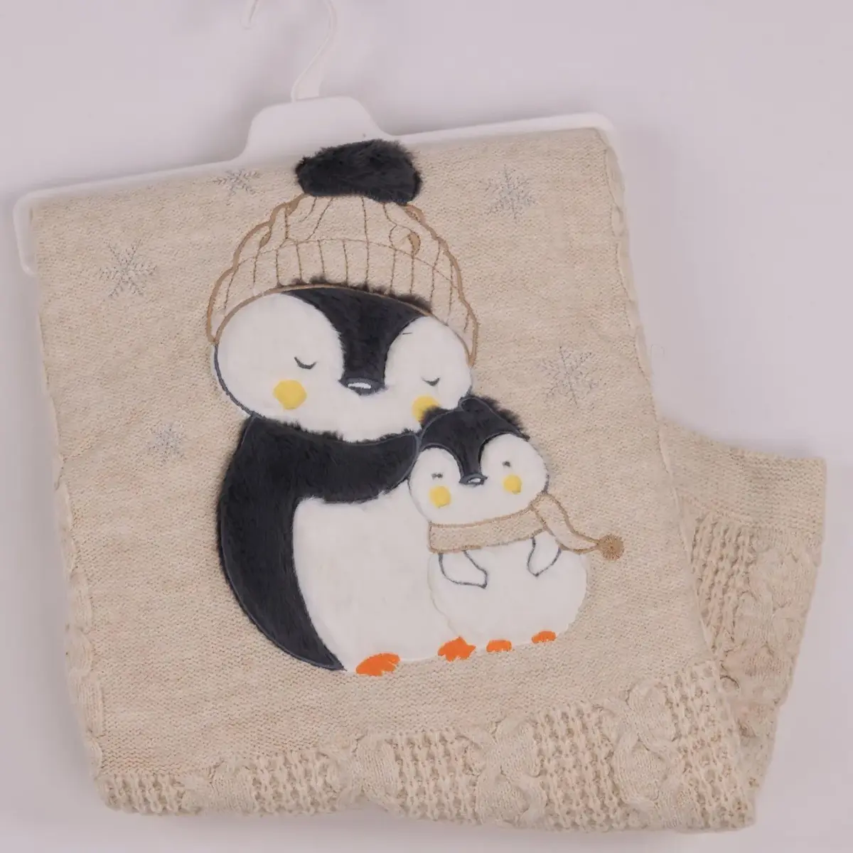 Mini Damla Battaniye Triko Penguen Nakışlı Bej
