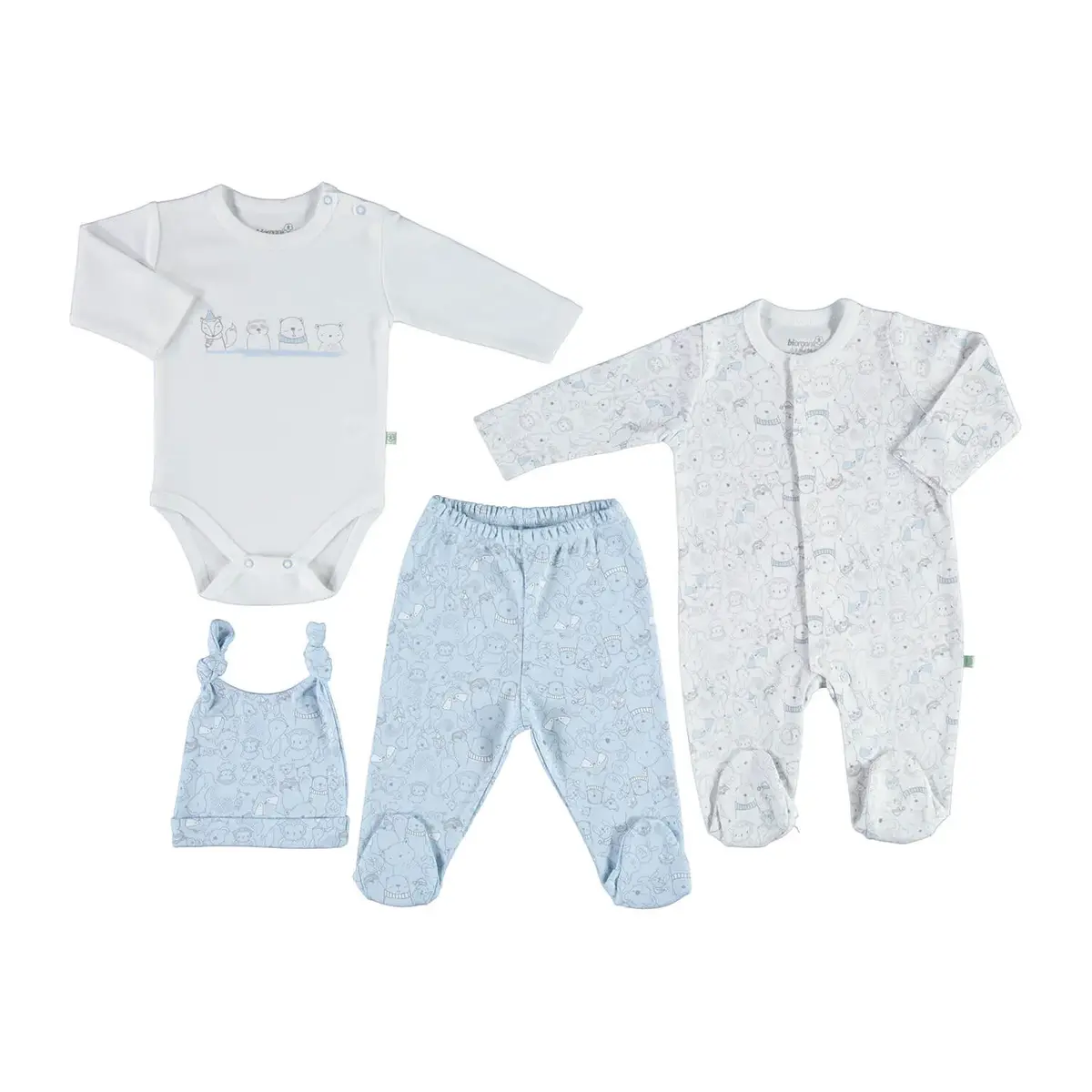 Bibaby Organik Zıbın Takımı Tüllü Handsome Animals Ekru - Mavi