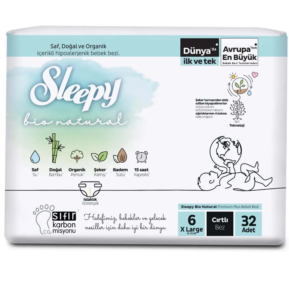 Sleepy Bebek Bezi Bio Natural 6 Numara Xlarge 32li Jumbo Paket