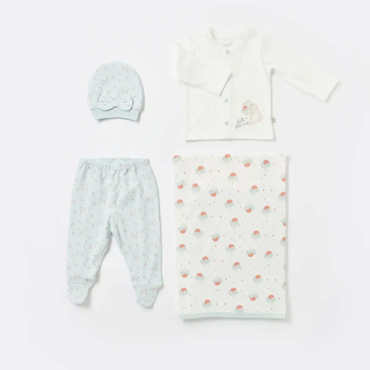 Bibaby Organik Zıbın Takımı Battaniyeli Tüllü Pretty Ears Bunny Mint - Ekru