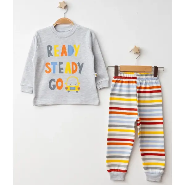 Mini Damla Pijama Takımı Penye Çizgili Gri Melanj