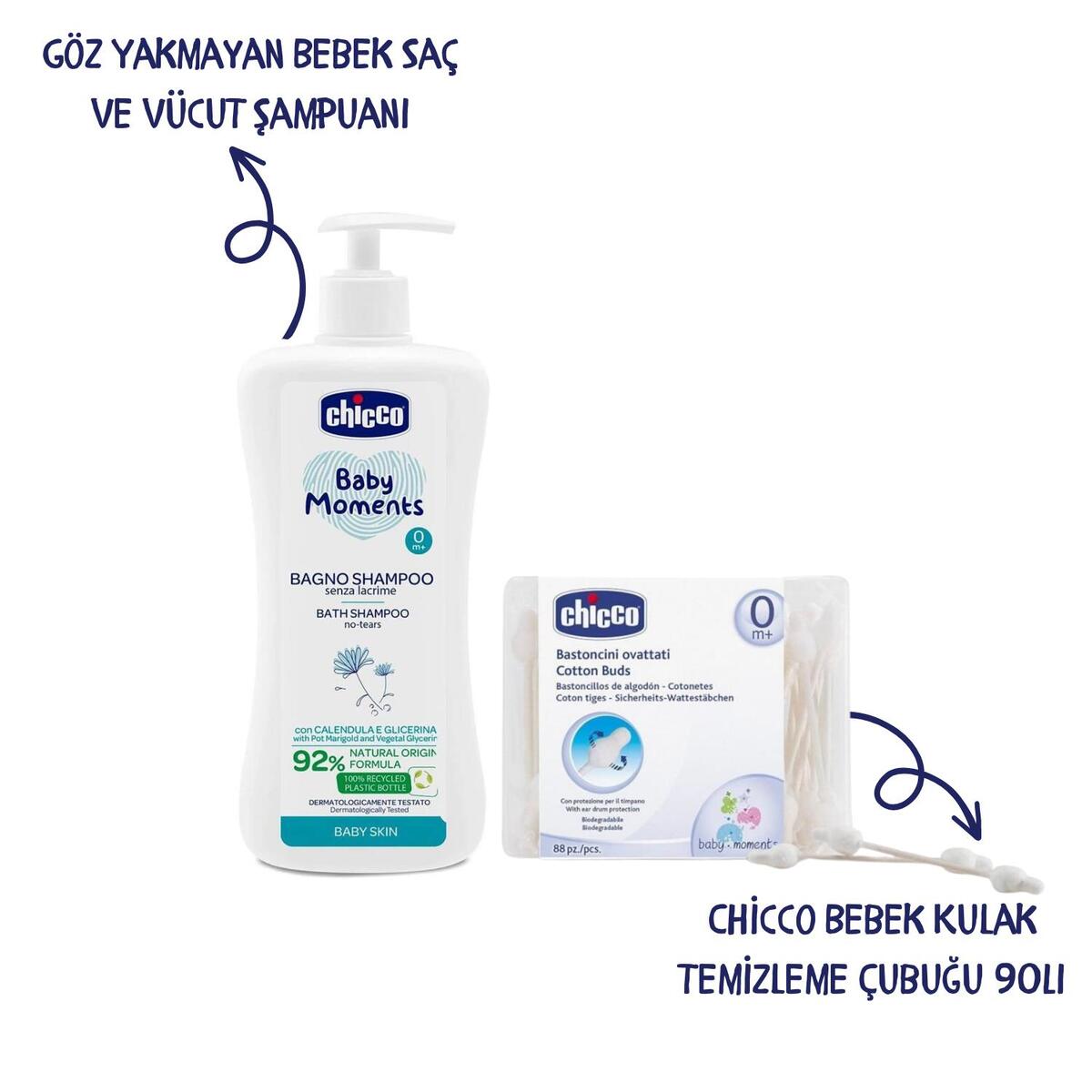 Chicco Baby Moments Bebek Şampuan + Kulak Tmizleme Çubuğu 90Lı (Avantaj Paketi)