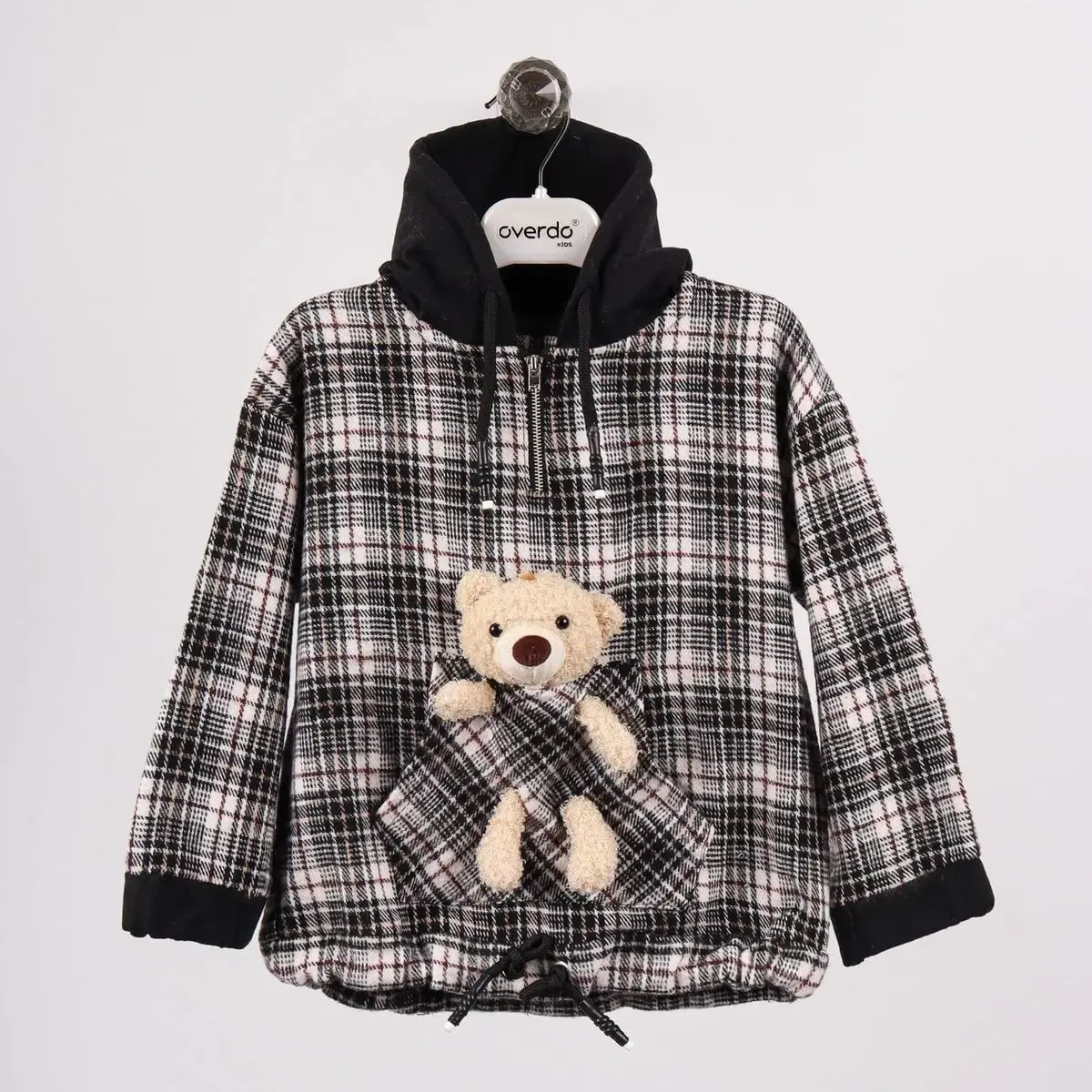 Overdo Sweatshirt Ayıcıklı Ekoseli Siyah Overdo Sweatshirt Ayıcıklı Ekoseli Siyah