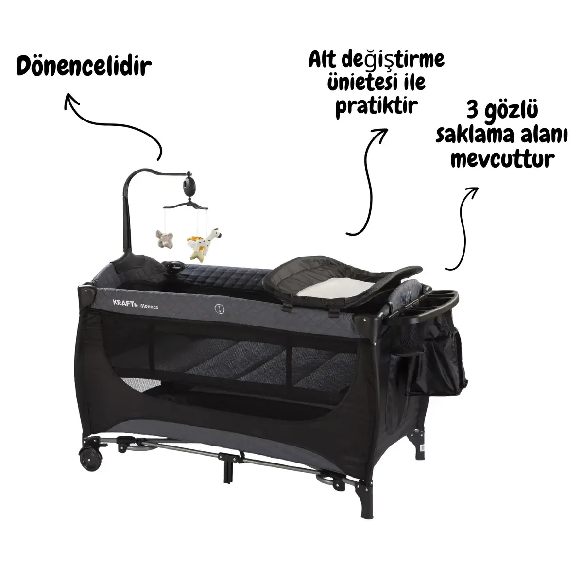 Kraft Monaco Dönenceli Oyun Parkı 70x120 cm Black