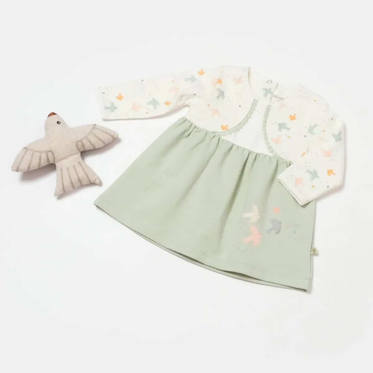 Bibaby Organik Elbise Tiny Birds Ekru - Yeşil