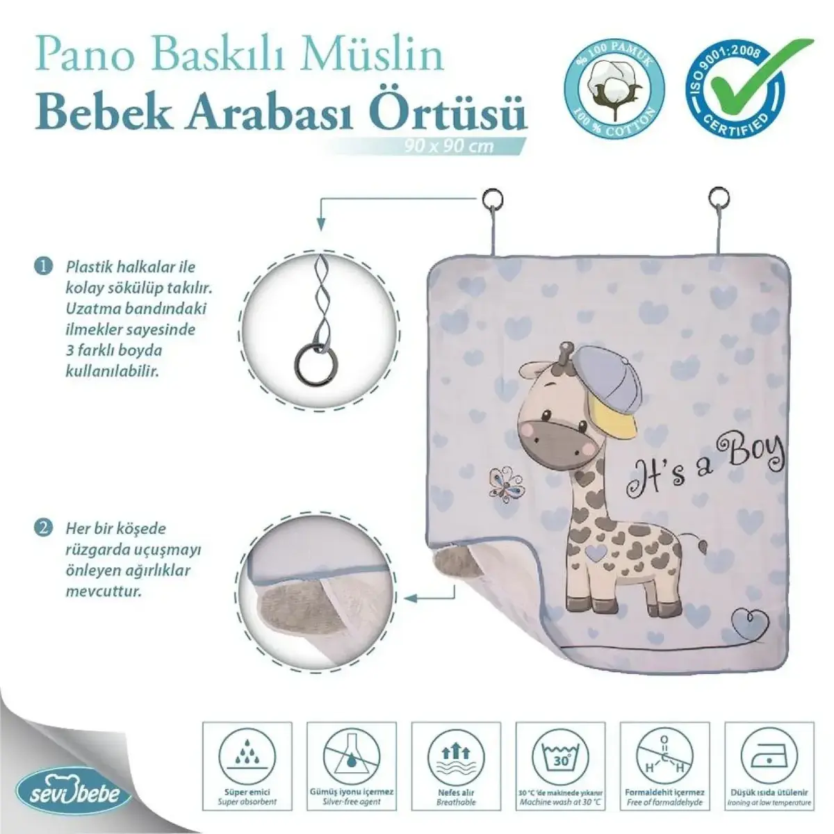 Sevi Bebe Müslin Bebek Arabası Örtüsü Pano Baskılı Zürafa