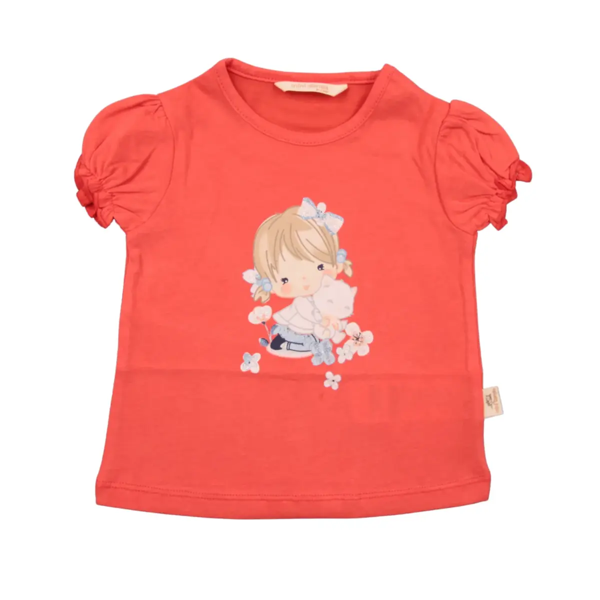 Mini Damla T-Shirt Kedili Kız Nar Çiçeği Mini Damla T-Shirt Kedili Kız Nar Çiçeği