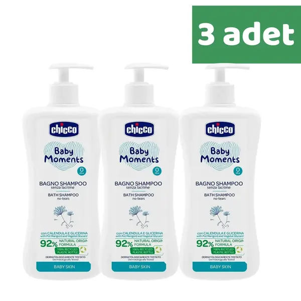 Chicco Baby Moments Doğal Göz Yakmayan Bebek Saç ve Vücut Şampuanı 750 ml x 3 Adet