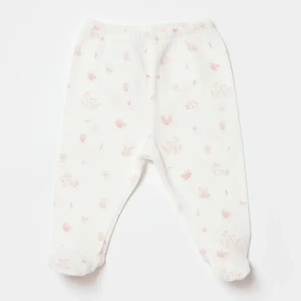 Bibaby Organik Pantolon Patikli Waffle Deer And Bird Ekru - Gül