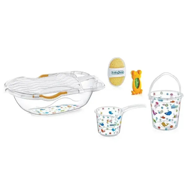 Babyjem Şeffaf Desenli Bebek Banyo Seti 6 Parça Termometreli Beyaz