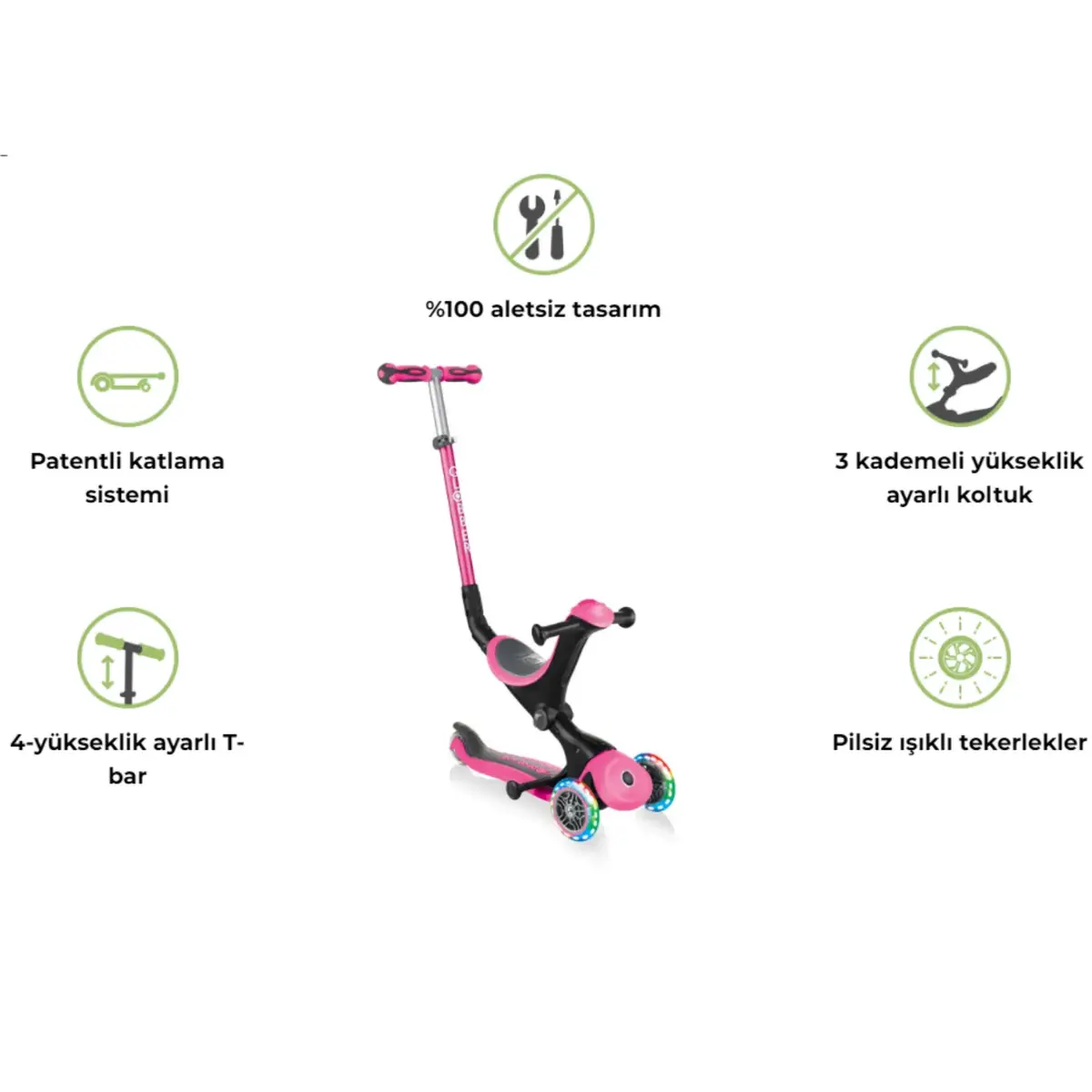 Globber Go Up Deluxe Işıklı Scooter Pembe