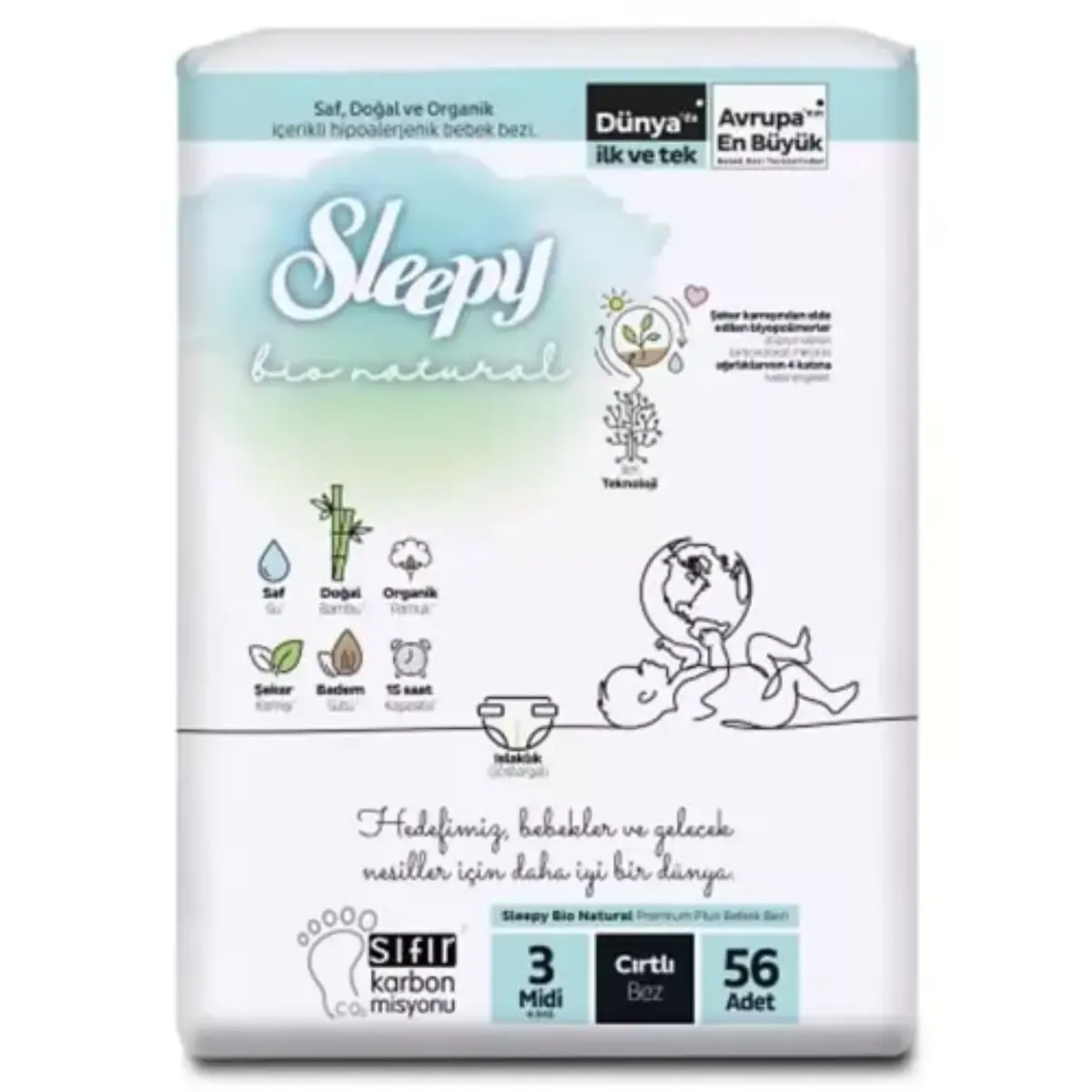 Sleepy Bebek Bezi Bio Natural 3 Numara Midi 56lı Jumbo Paket