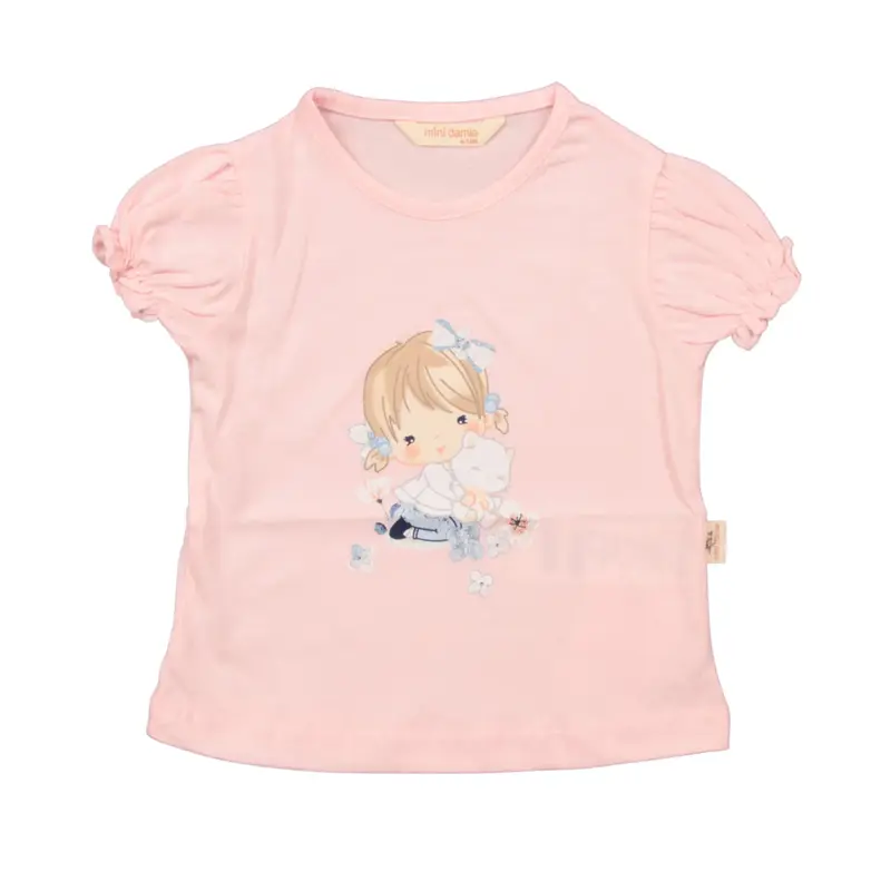 Mini Damla T-Shirt Kedili Kız Pembe