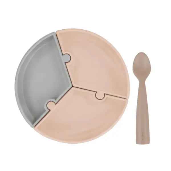 Oioi Puzzle Vakumlu Mama Tabağı+Nam Nam Mama Kaşığı Bubble Green-Powder Grey