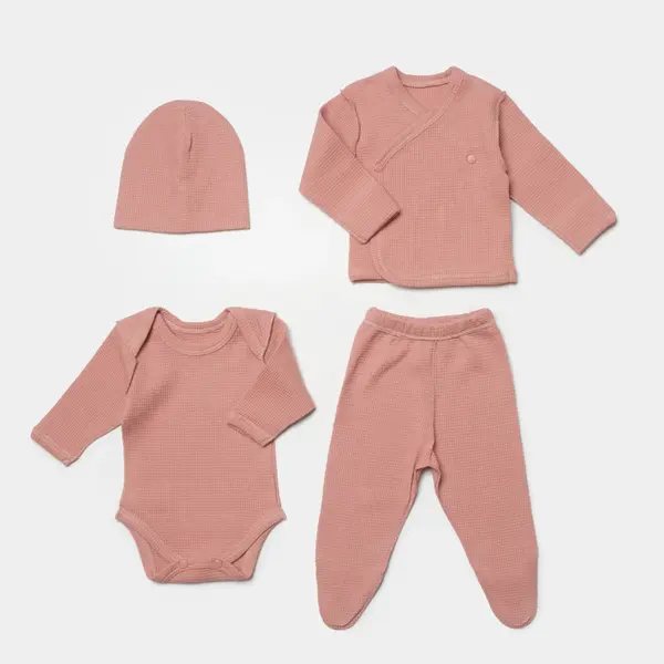 Bibaby Organik Zıbın Takımı 4lü Waffle Smile Prematüre Kırmızı - Kahverengi