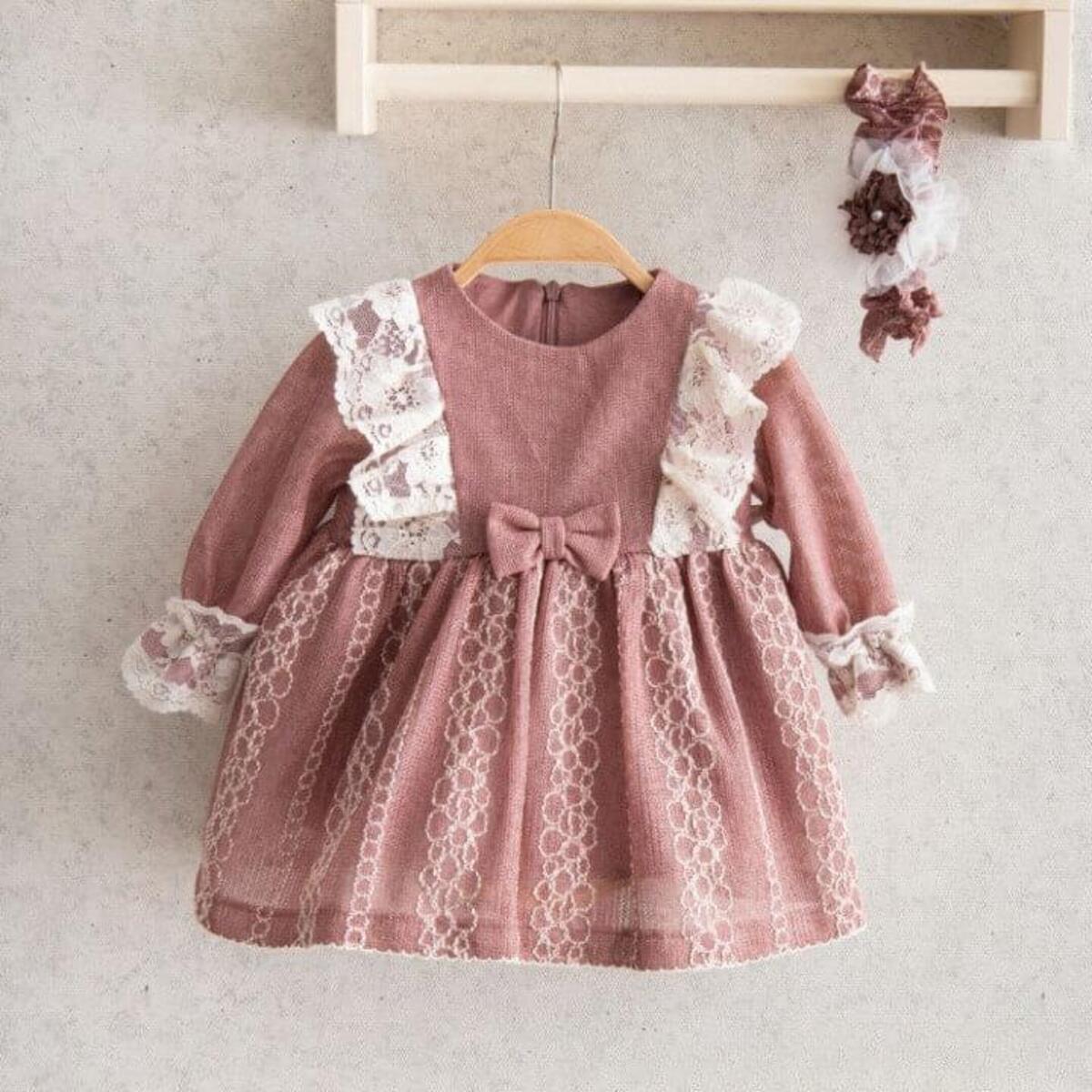 Miomini Elbise Saç Bantlı Triko Roba Dantelli Gül Kurusu