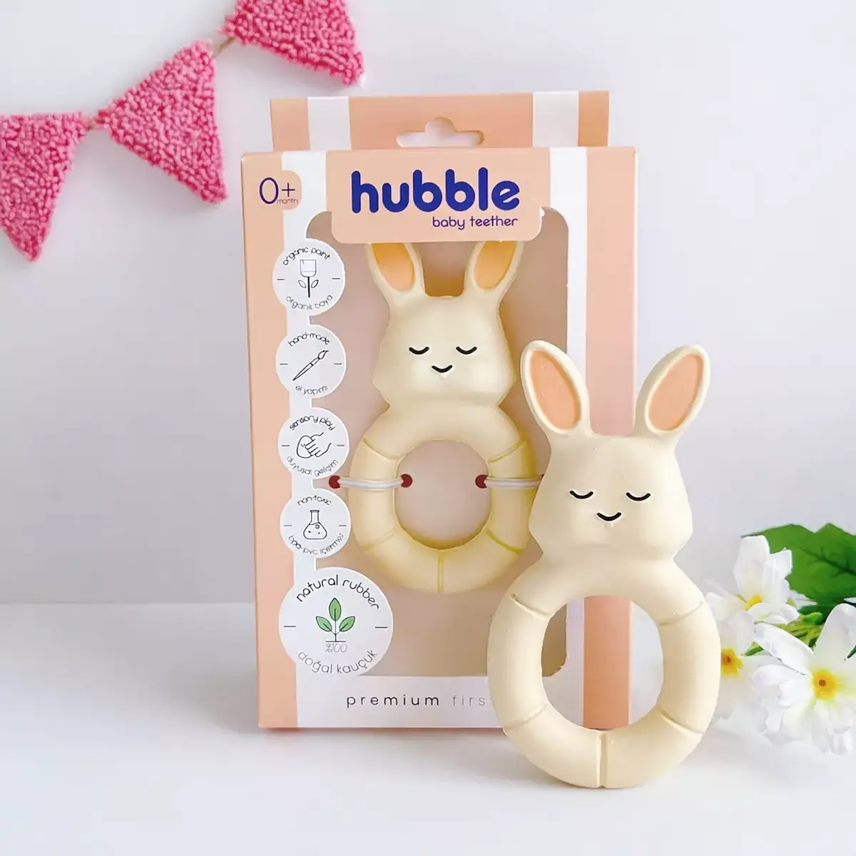 Hubble Doğal Bebek Diş Kaşıyıcı Ve Oyuncağı Tavşan Halkalı