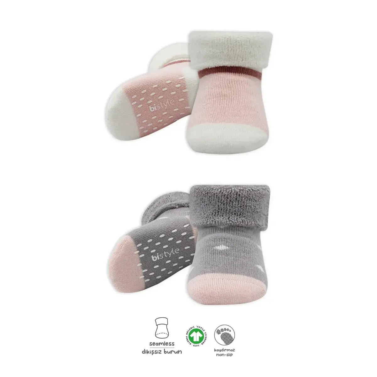 Bistyle Çorap Soket Havlu 2li Kaymaz Point Girl Gri - Pudra