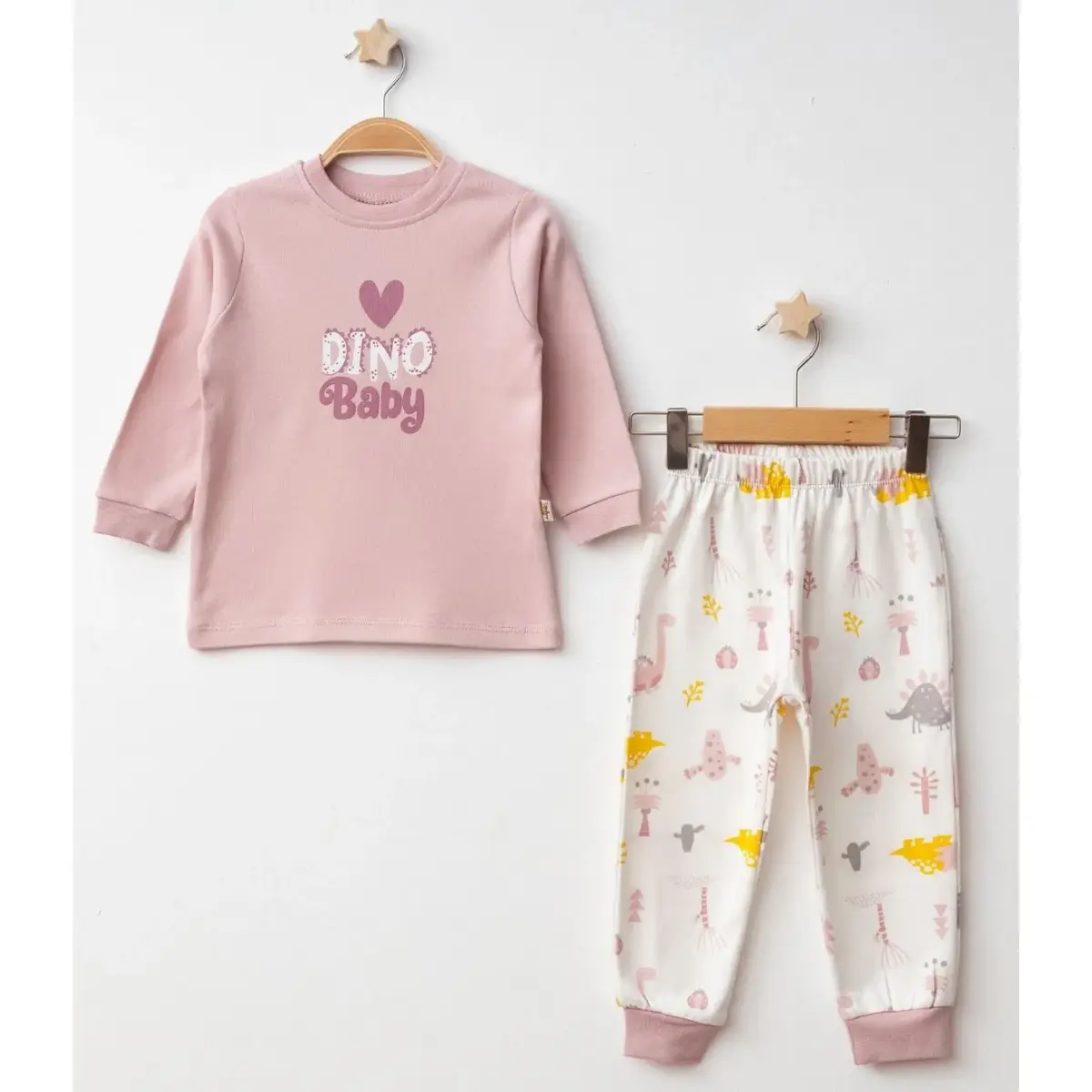 Mini Damla Pijama Takımı Penye Dino Baby Baskılı Pudra Mini Damla Pijama Takımı Penye Dino Baby Baskılı Pudra