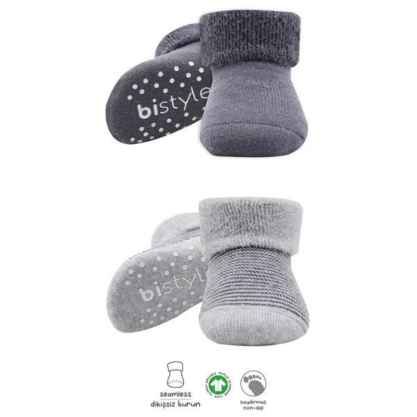 Bibaby Organik Çorap Soket Havlu 2li Kaymaz Çemberli Kıvrık Bistyle Gri - Antrasit