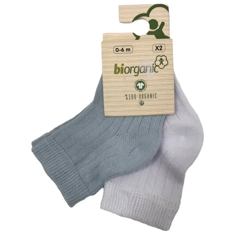 Bibaby Organik Çorap Soket 2li Basic Desenli Mavi - Beyaz
