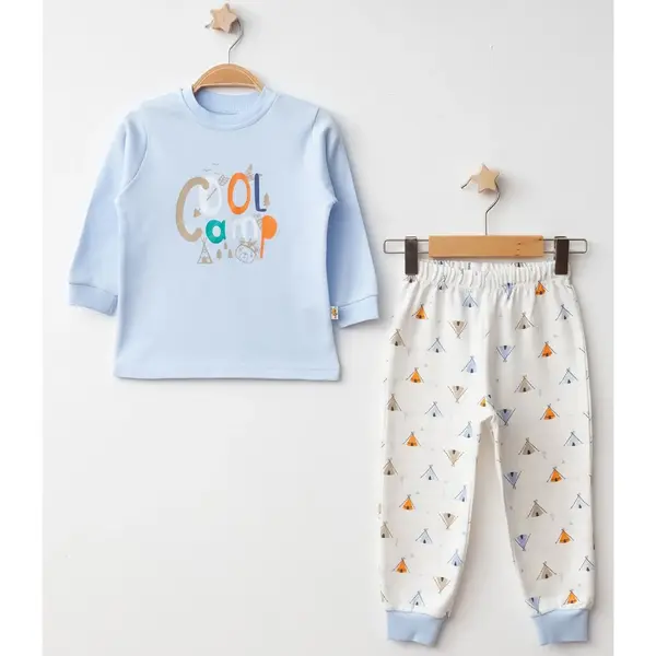 Mini Damla Pijama Takımı Penye Cool Camp Baskılı Mavi