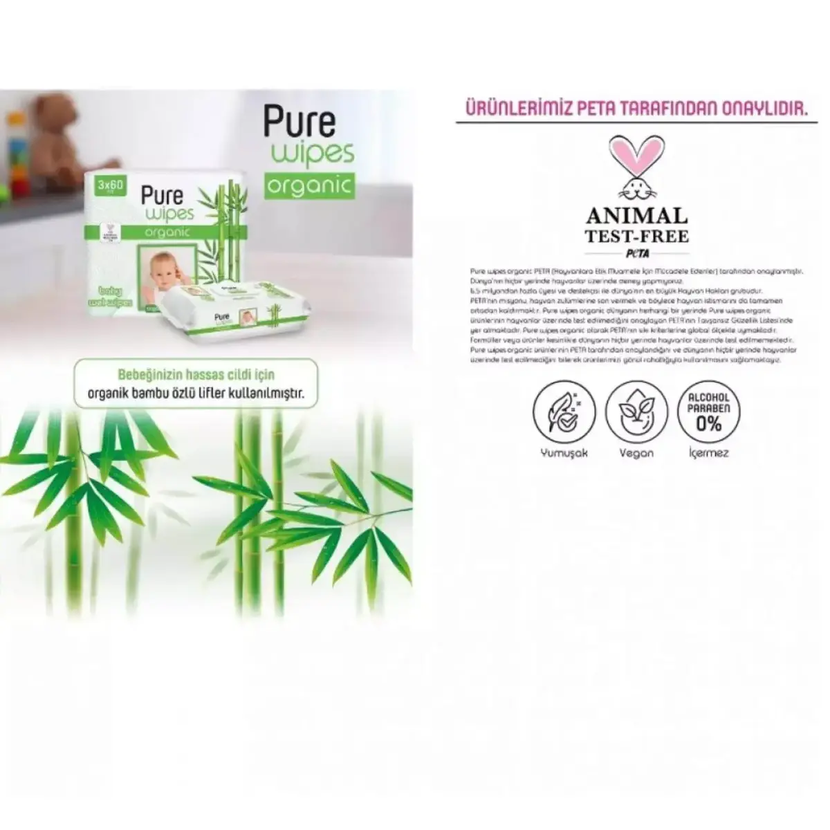 Pure Wipes Bambu Bebek Islak Havlu 3x60lı