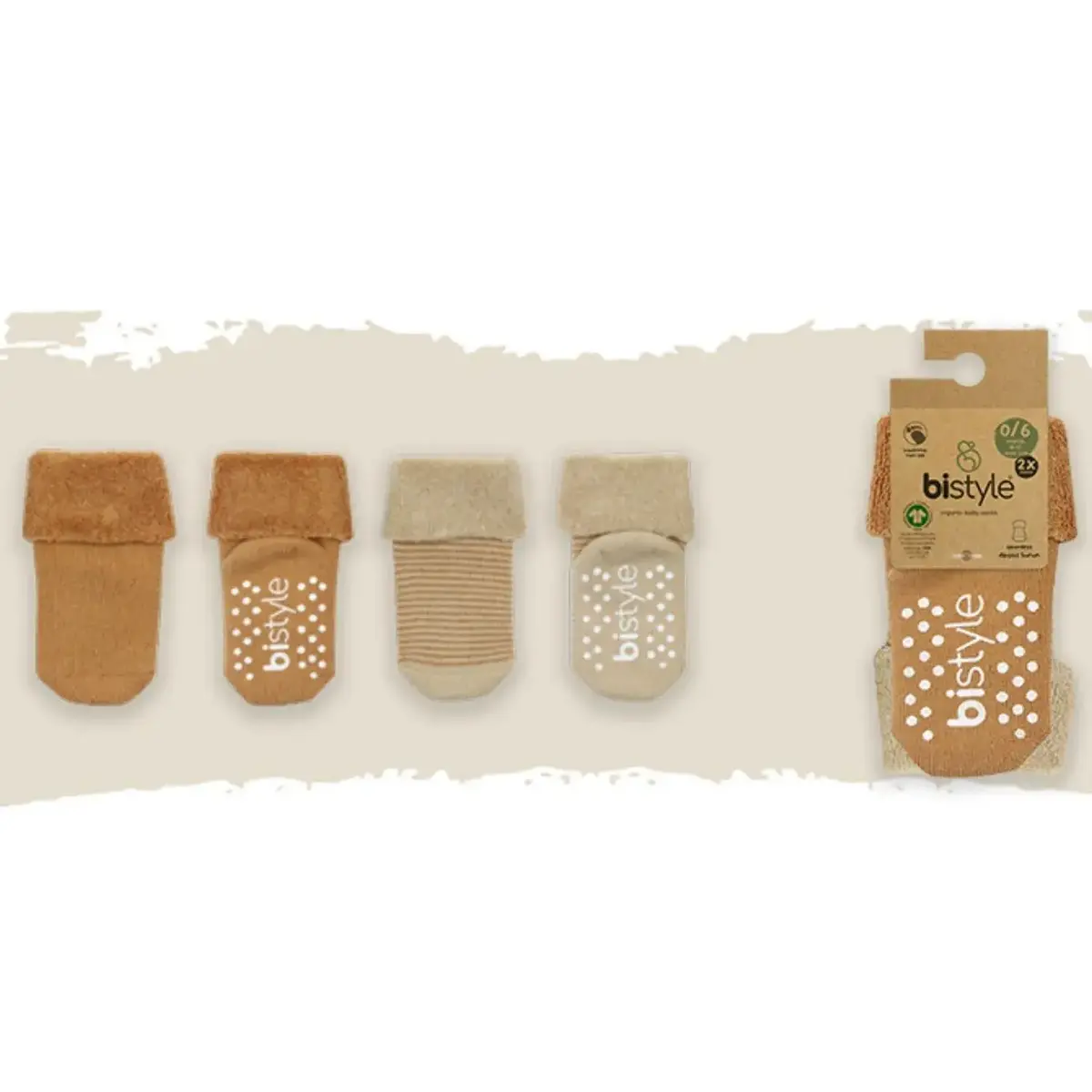 Bistyle Organik Çorap Soket Havlu 2li Kaymaz Çemberli Kıvrık  Bej - Hardal