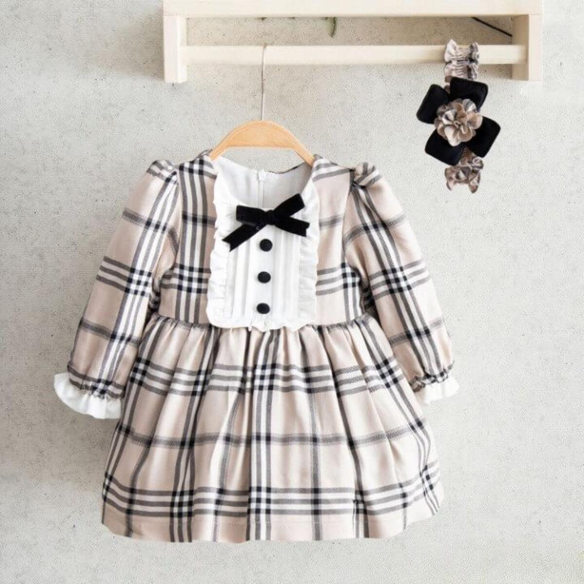 Miomini Elbise Saç Bantlı Fiyonklu Ekose Kadife Şeritli Bej