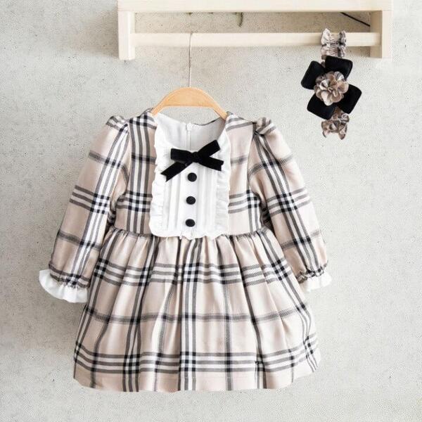 Miomini Elbise Saç Bantlı Fiyonklu Ekose Kadife Şeritli Bej