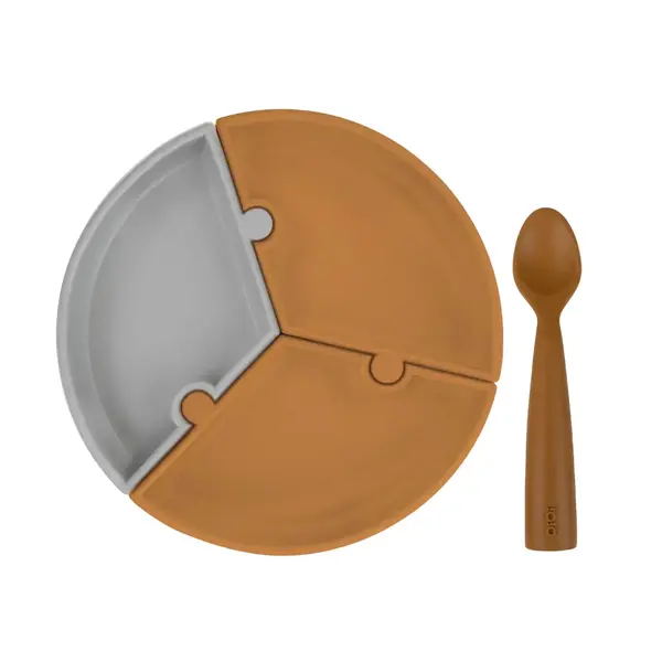Oioi Puzzle Vakumlu Mama Tabağı+Nam Nam Mama Kaşığı Woody Brown-Powder Grey