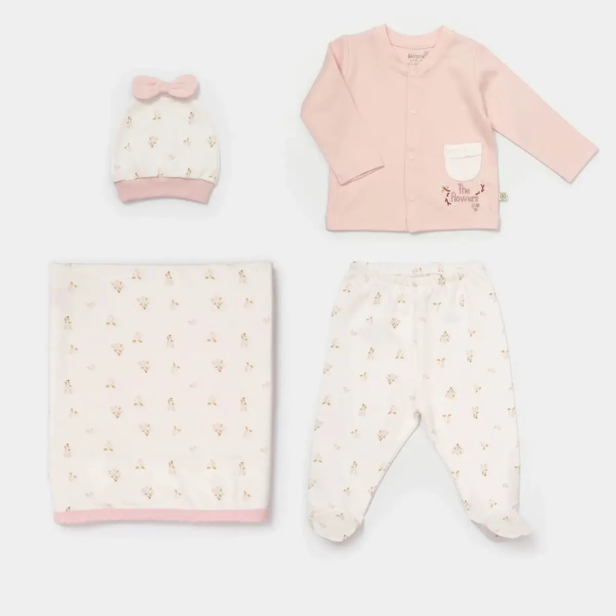 Bibaby Organik Zıbın Takımı Battaniyeli Tüllü The Flowers Ekru - Pembe