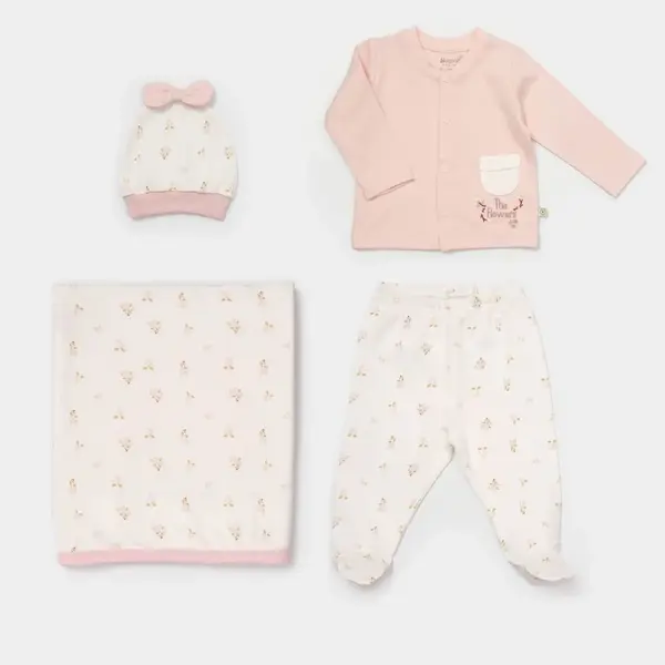 Bibaby Organik Zıbın Takımı Battaniyeli Tüllü The Flowers Ekru - Pembe