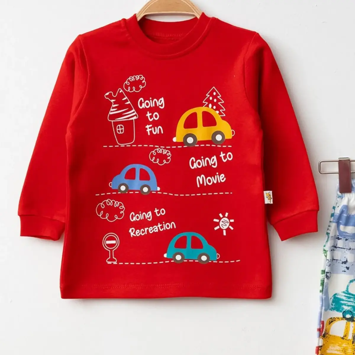 Mini Damla Pijama Takımı Penye Araba Baskılı Kırmızı