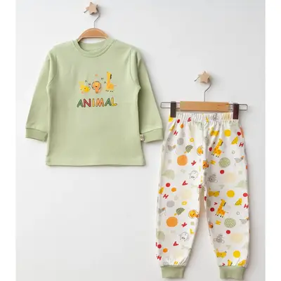 Mini Damla Pijama Takımı Penye Animal Hayvanlar Baskılı Yeşil