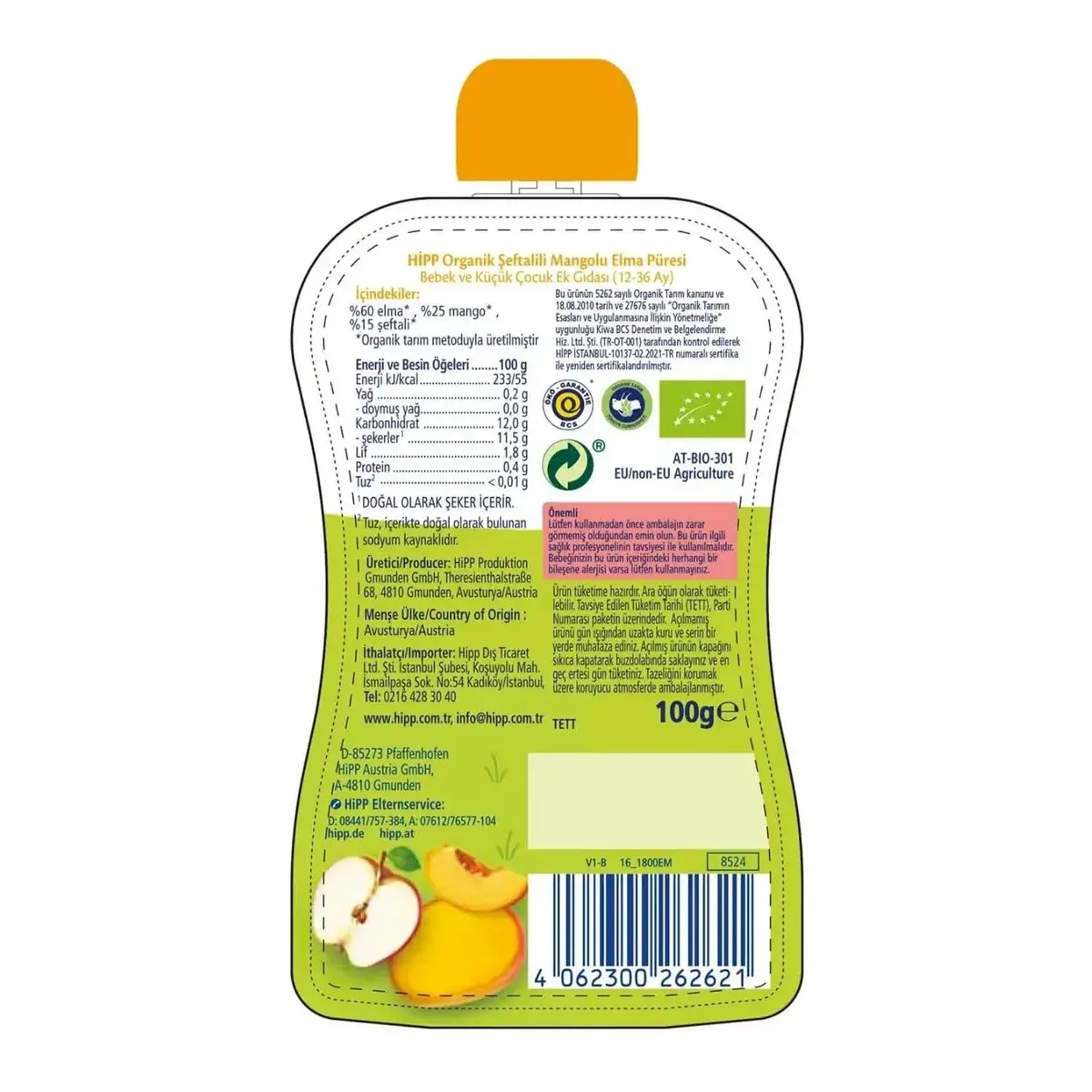 Hipp Organik Şeftalili Mangolu Elma Püresi 100 gr