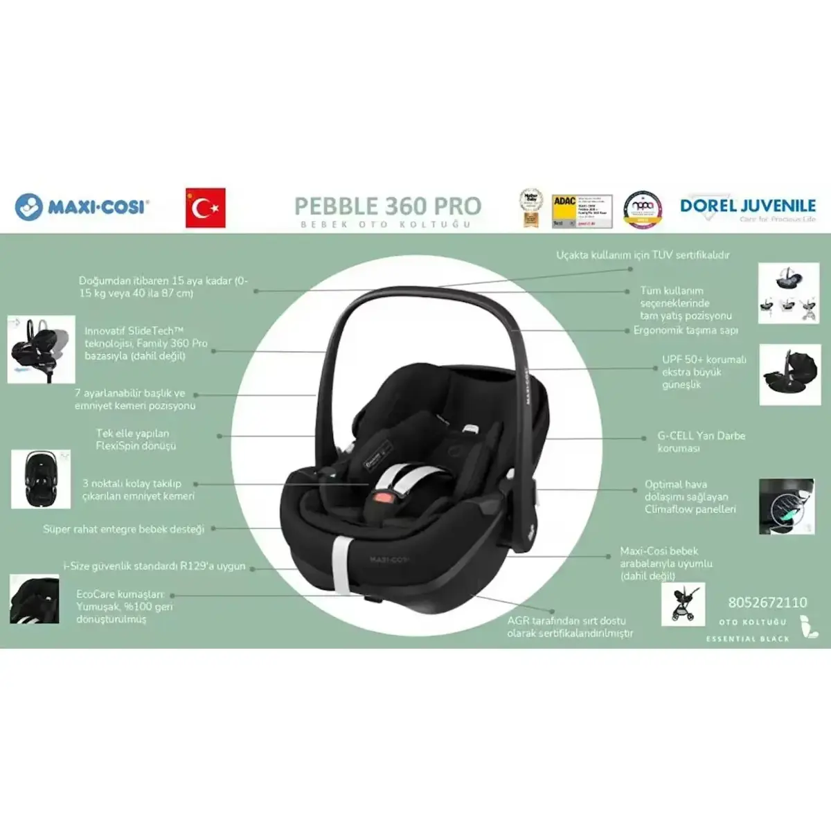 Maxi-Cosi Pebble 360 SlideTech Tam Yatabilen Oto Koltuğu 0-13 Kg Twillic Green