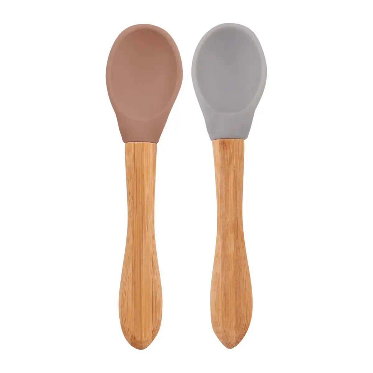 OiOi Silikon Mama Kaşığı 2li Bambu Saplı 9+ Ay Woody Brown - Powder Grey
