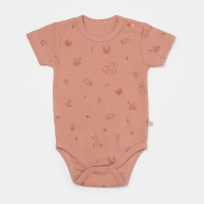 Bibaby Organik Body Kısa Kol Waffle Deer And Bird Ekru - Rose