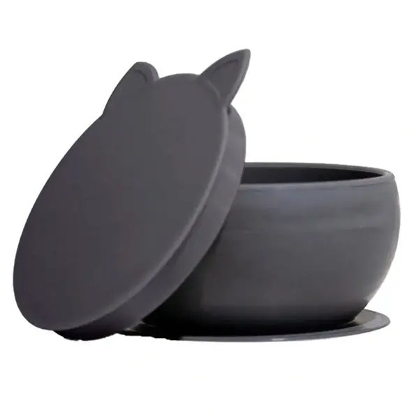 Pandish Kitten Vakum Tabanlı Kapaklı Silikon Kase Gri