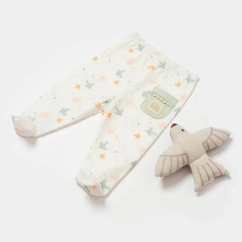 Bibaby Organik Pantolon Patikli Tiny Birds Ekru - Yeşil