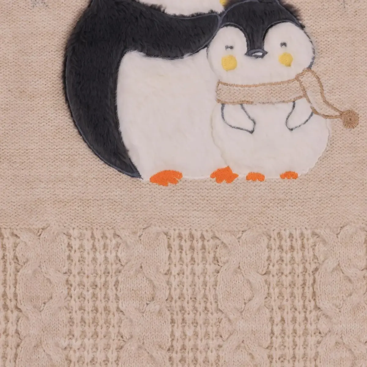 Mini Damla Battaniye Triko Penguen Nakışlı Bej