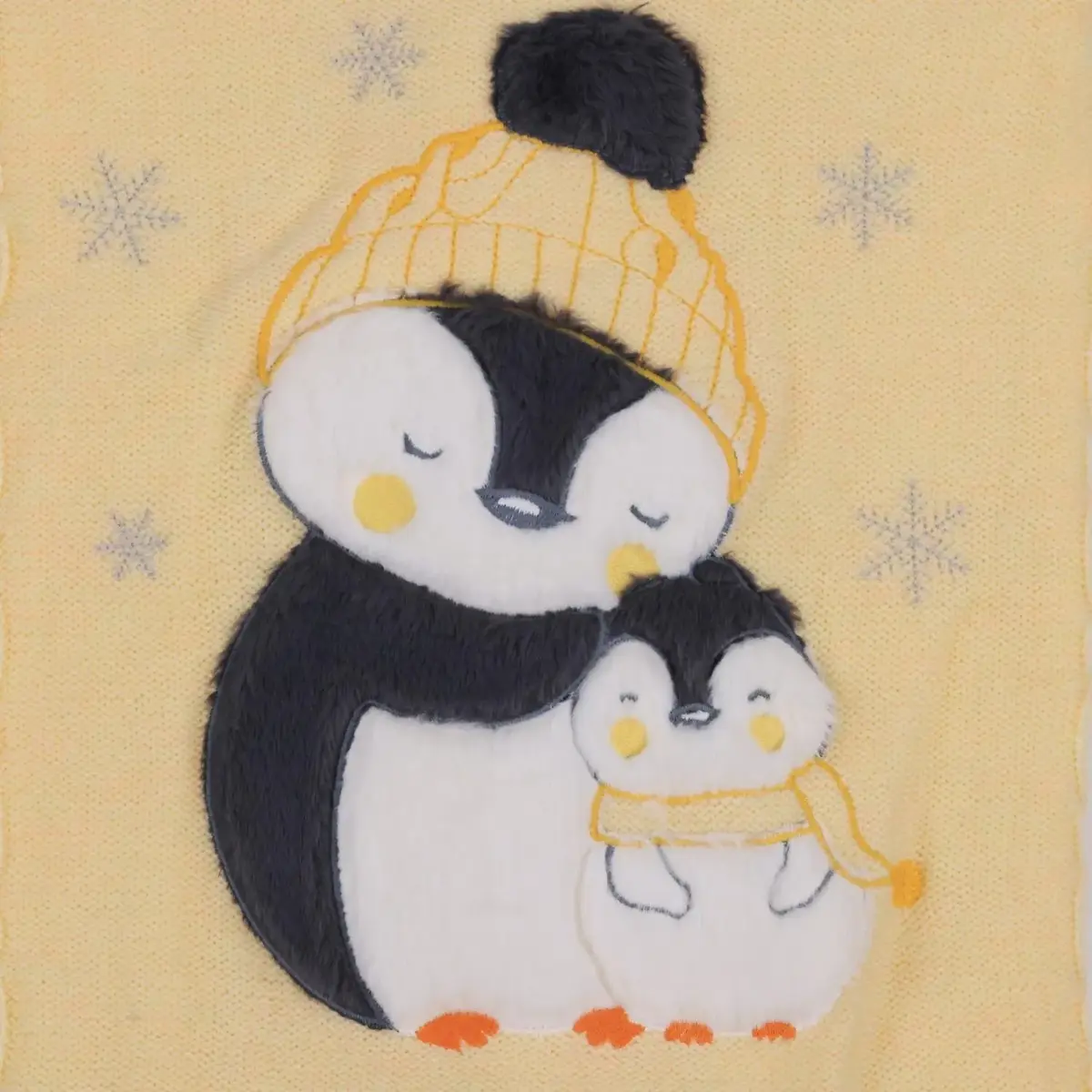 Mini Damla Battaniye Triko Penguen Nakışlı Sarı