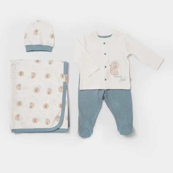Bibaby Organik Zıbın Takımı Battaniyeli Tüllü Brave Lion Ekru - Turkuaz