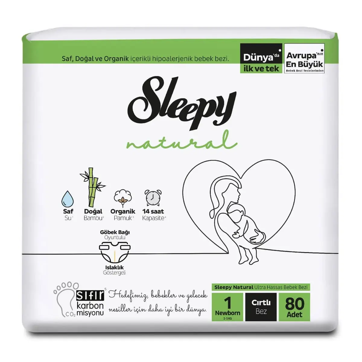 Sleepy Natural Bebek Bezi 1 Beden Yenidoğan 2-5 Kg 80li Jumbo Paket