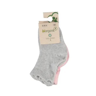 Bibaby Organik Çorap Soket 2li Basic Desenli Gri - Pembe