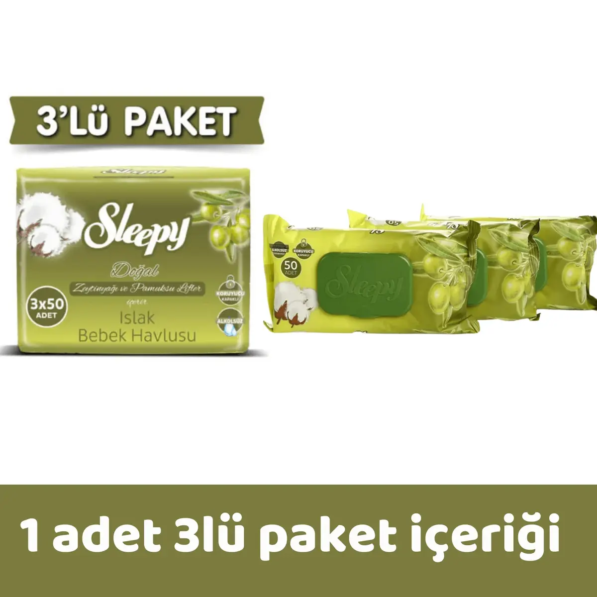 Sleepy Islak Mendil 3x50li Zeytinyağı ve Pamuk x3