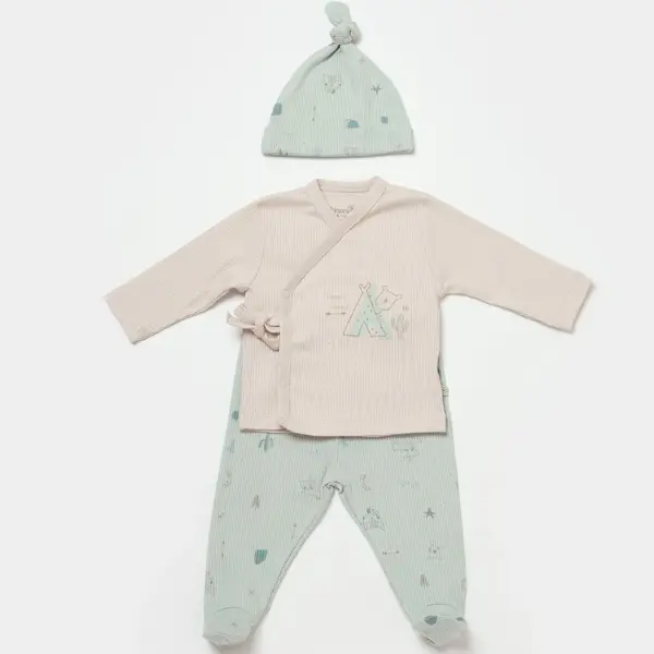 Bibaby Organik Zıbın Takımı 3lü Modal Happy Forest Bej - Mint
